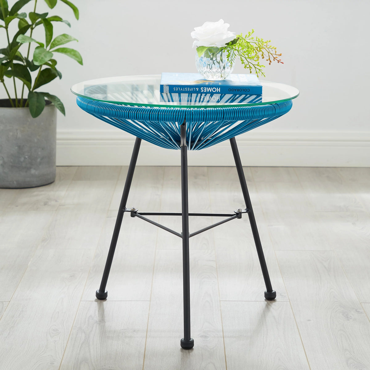 Woven Wicker Patio Side Table with Glass Top Y97616