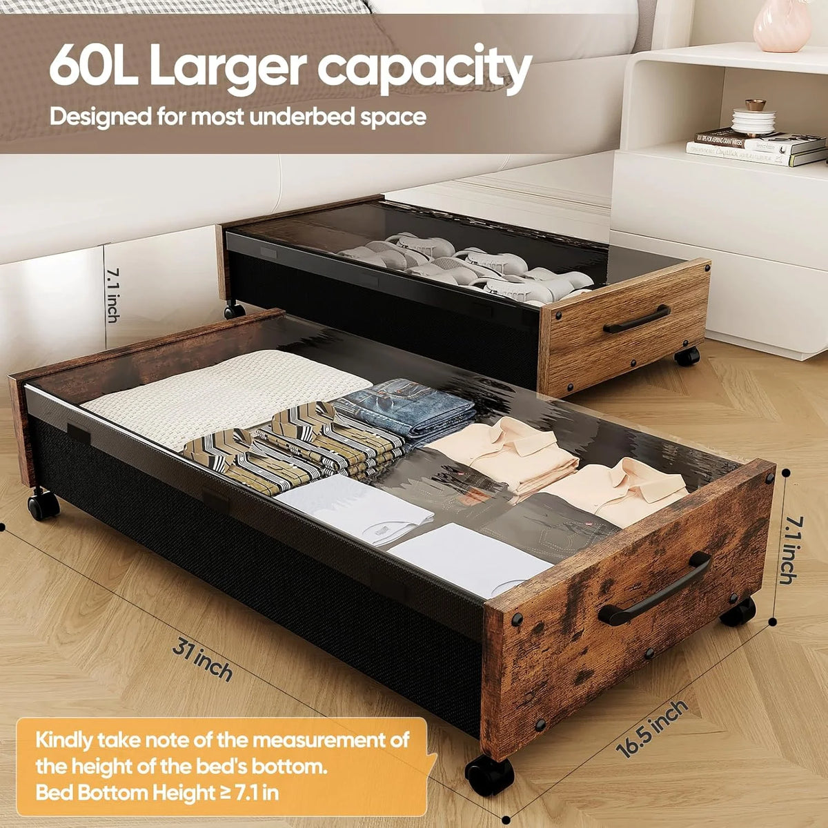 Black Wood 2 Pack Under Bed Storage with Wheels and Removable Lid X630