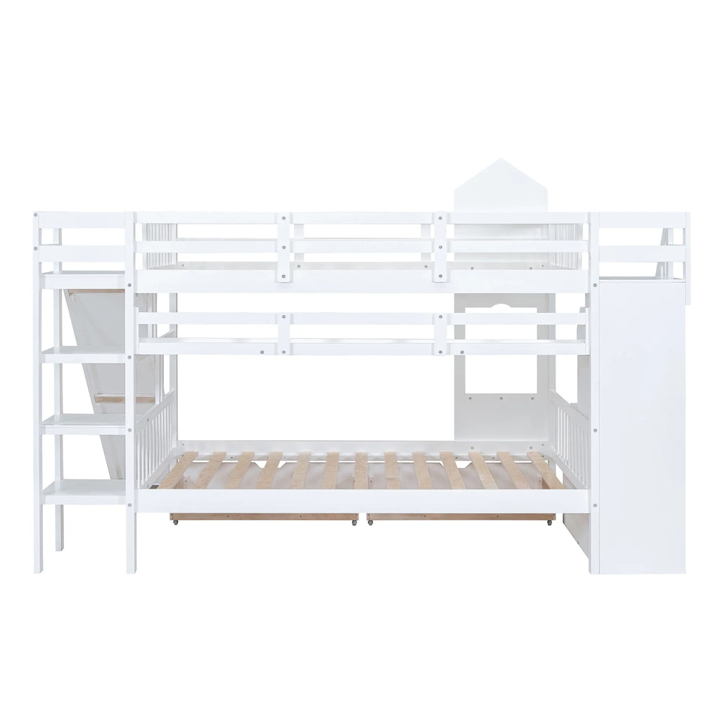 Full Over Full Castle Bunk Bed with Slide, Stairs and Storage Drawers B680310
