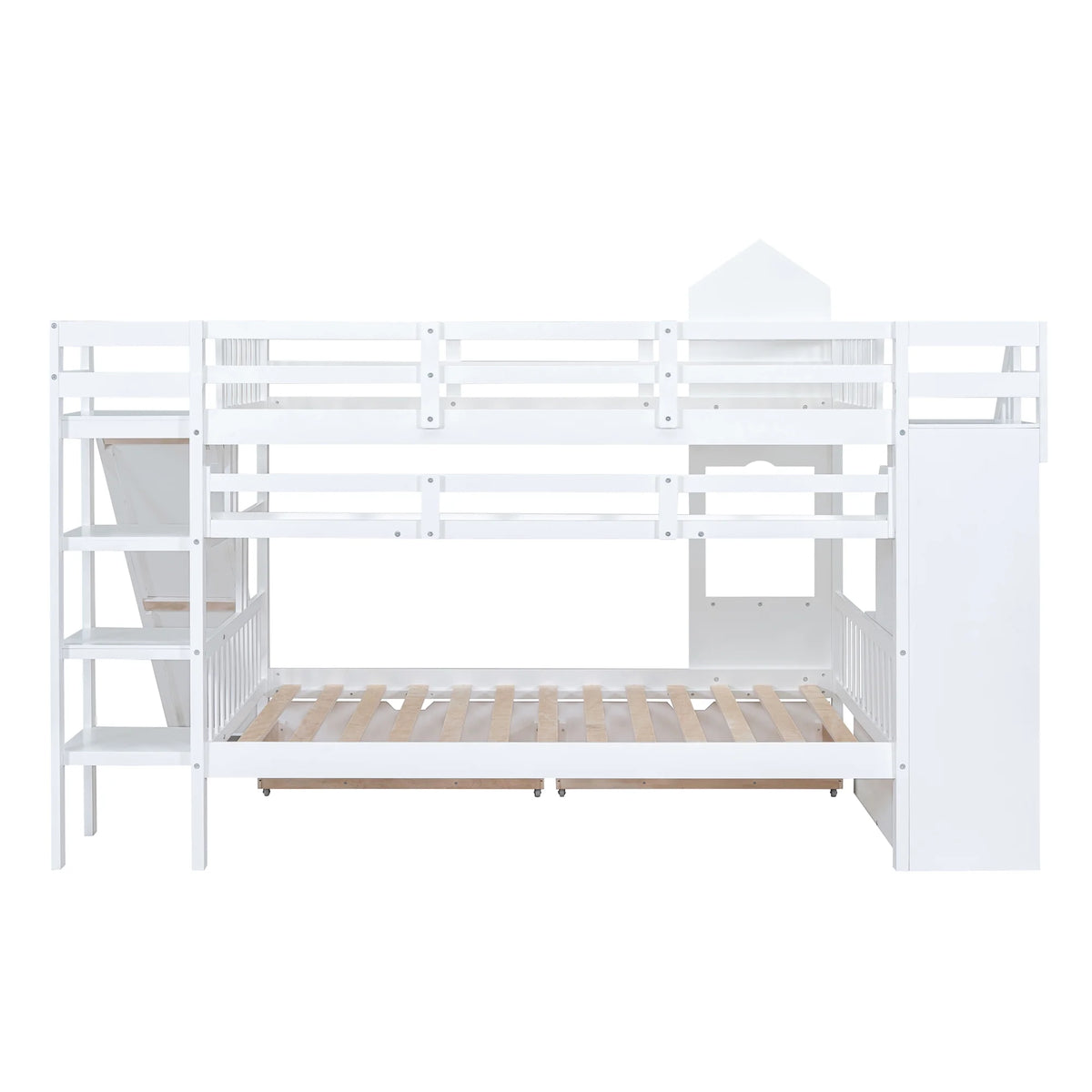 Full Over Full Castle Bunk Bed with Slide, Stairs and Storage Drawers B680310