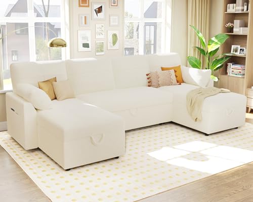 White Sherpa Sofa Bed with Storage Chaise H38541