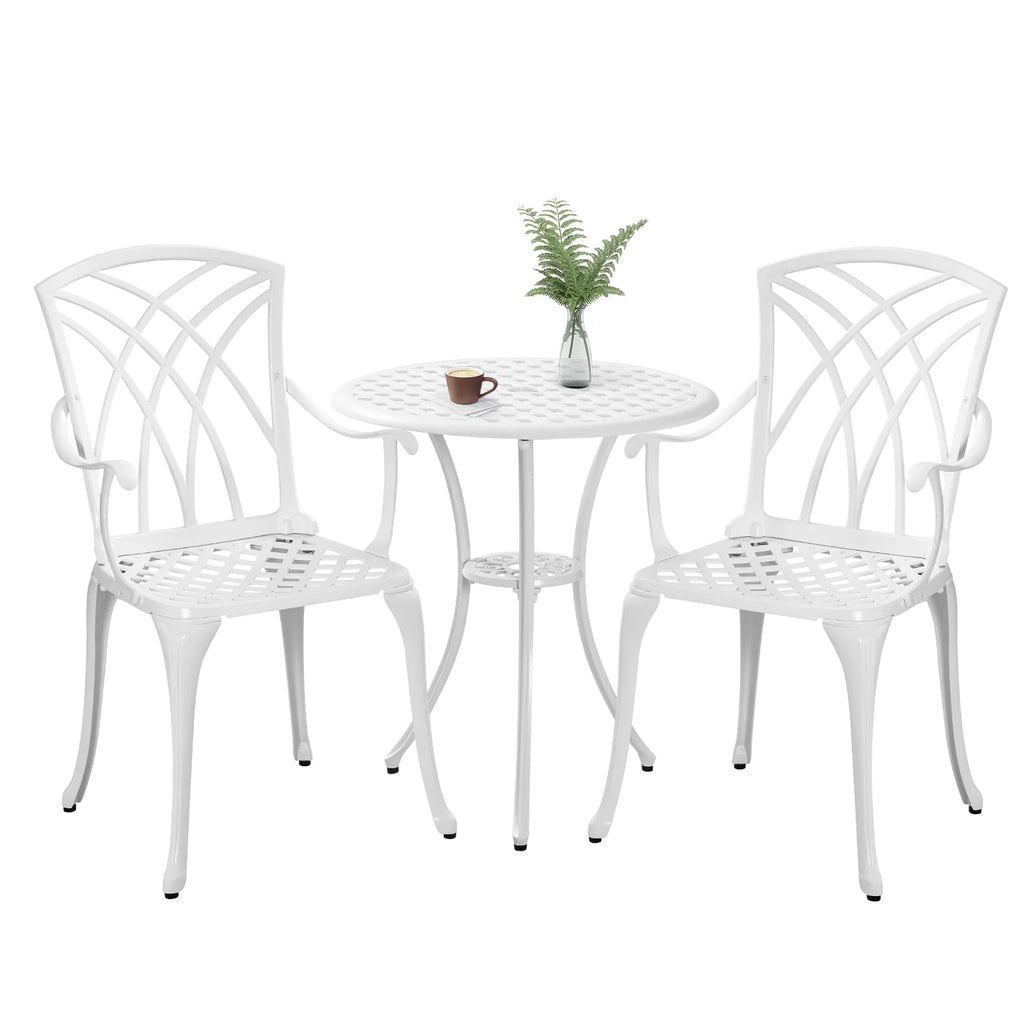 White Bistro Set with Umbrella Hole Cast Aluminum L49383