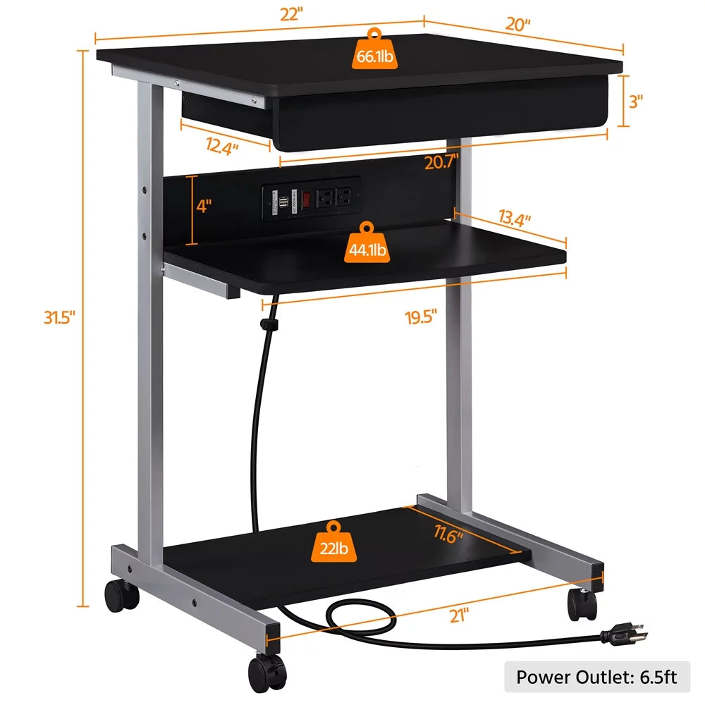 22in Rolling Laptop Computer Desk with Power Outlet, Black Y1944