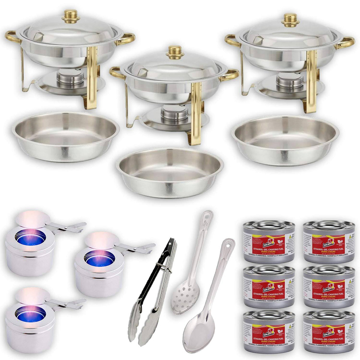Round Chafing Dish Buffet Set with Water Pans, Food Pans, Frames, Lids, Fuel Holders, 6 Fuel Cans K62170