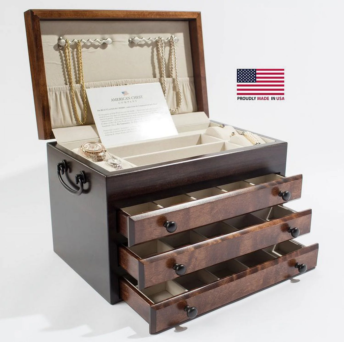 Birch Three-Drawer Jewel Chest Soft-Suede Linings I7997