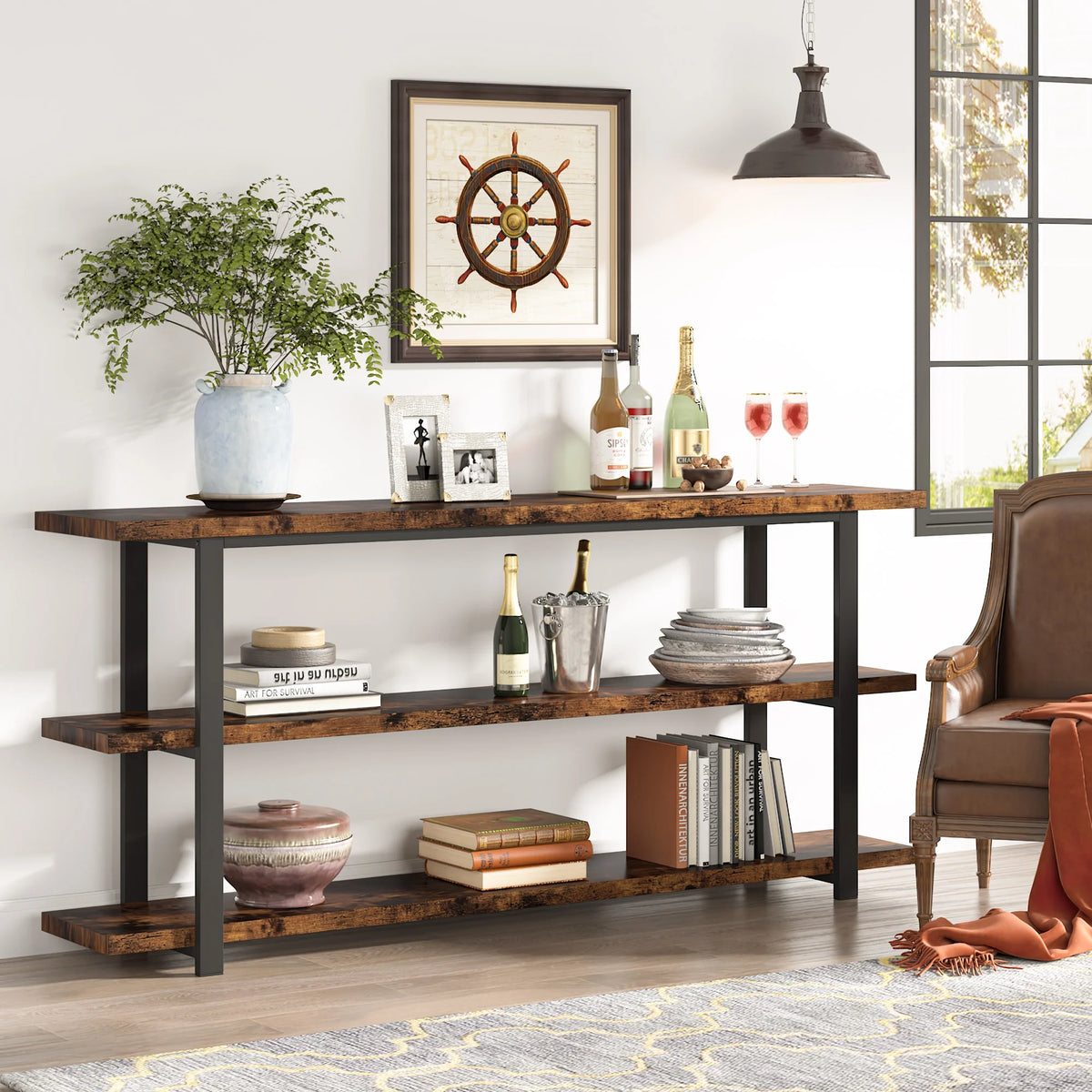 70.9 Inch Industrial Narrow Console Table with 3 Tier Storage Shelves F367