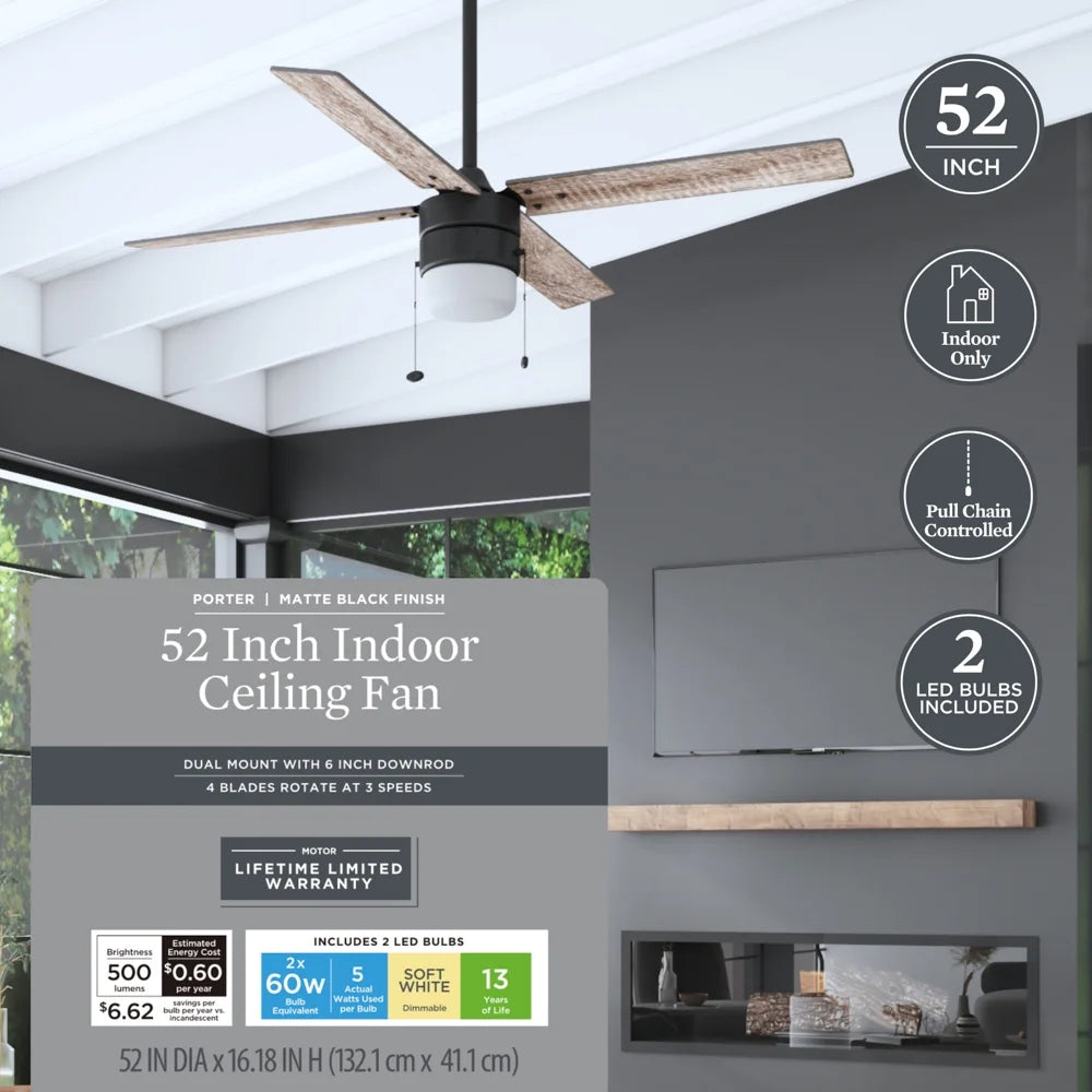 52" Matte Black Indoor Ceiling Fan with Light A496