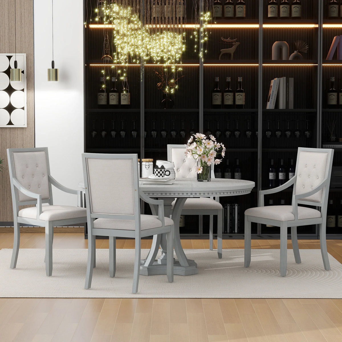 5 Piece Gray Wood Round Dining Table Set with 4 Upholstered Chairs X9284