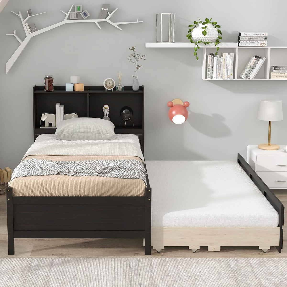 Twin Wood Captain’s Bed with Bookcase Headboard, Trundle and 3 Drawers, Espresso Q506519