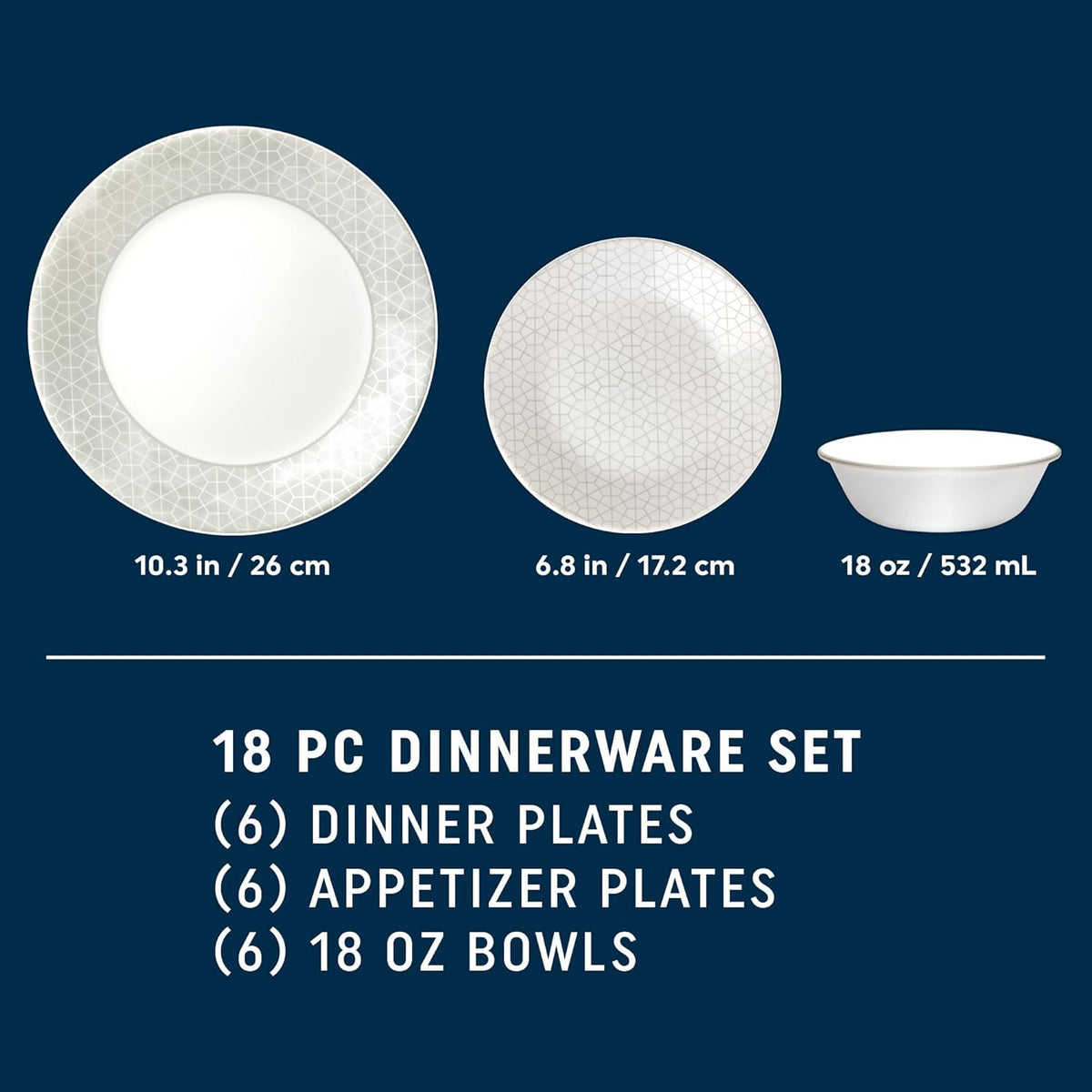 18 Piece Glass Dinnerware Set, Service for 6, 28 oz Soup Bowls Set of 6 Z7575