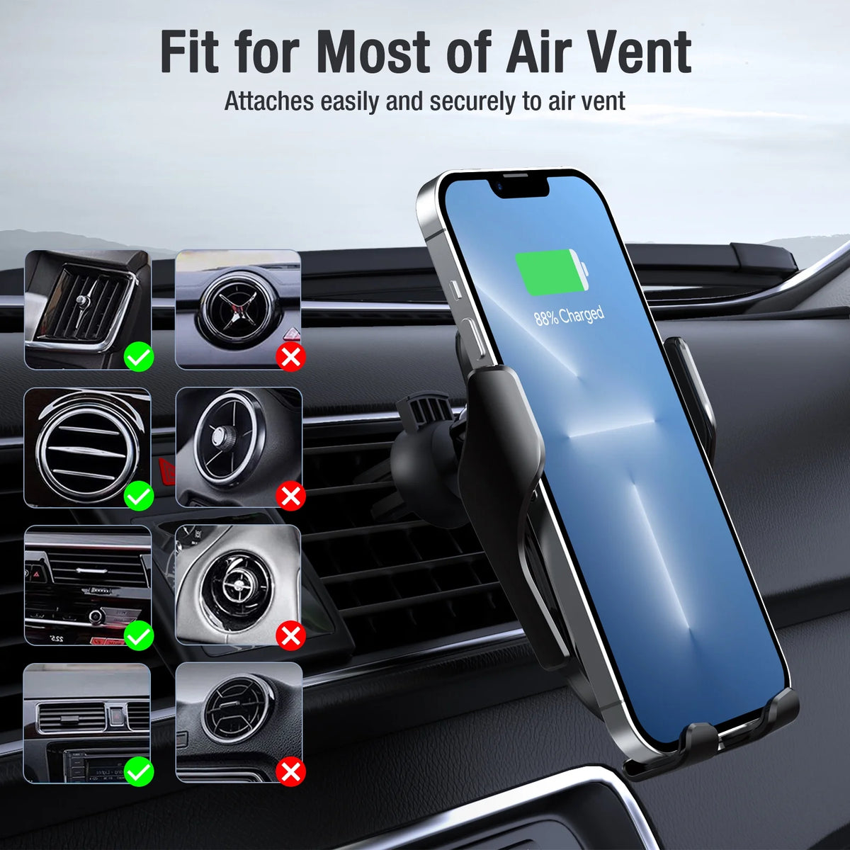 Wireless Car Charger Mount, 15W Auto Clamping Car Phone Charging Air Vent Holder with QC 3.0 Car Charger S7679