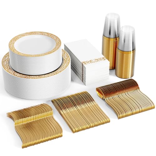 350 Ct Gold Plastic Dinnerware Set E24260