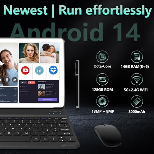 Android 14 Tablet 10 Inch, 4G Cellular, Octa-Core, 128GB Storage + 14(8+6)GB RAM, 1TB Expandable, 5G WiFi, 8000mAh Battery, Bluetooth 5.0, 13MP+8MP Camera, with Keyboard/Case, Silver Y132
