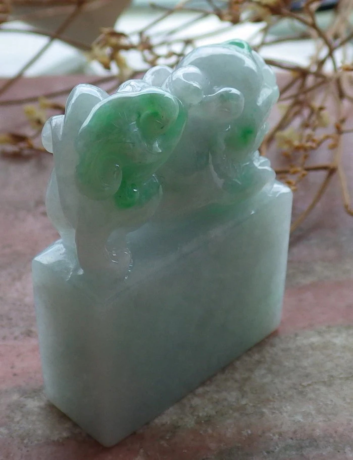 Green Natural Burma Jade Dragon Pi Xiu Chop Seal Display R316093