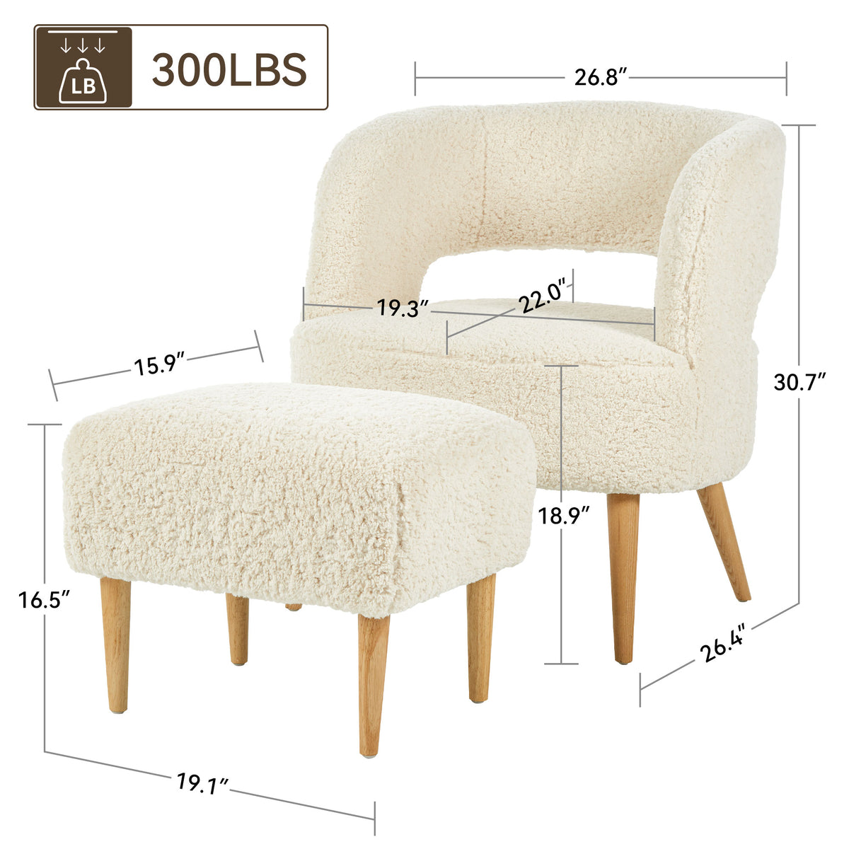 Beige Teddy Fleece Accent Chair with Ottoman and Wooden Legs T40990