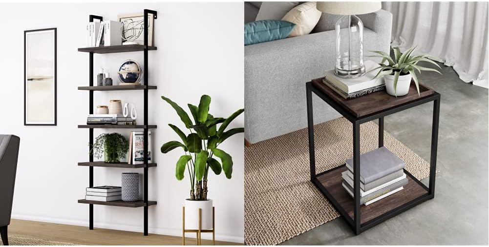 White/Gold 5-Shelf Ladder Bookcase with Metal Frame P948665