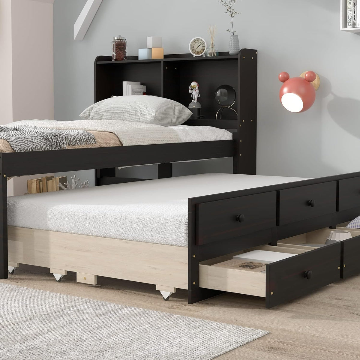 Twin Wood Captain’s Bed with Bookcase Headboard, Trundle and 3 Drawers, Espresso Q506519