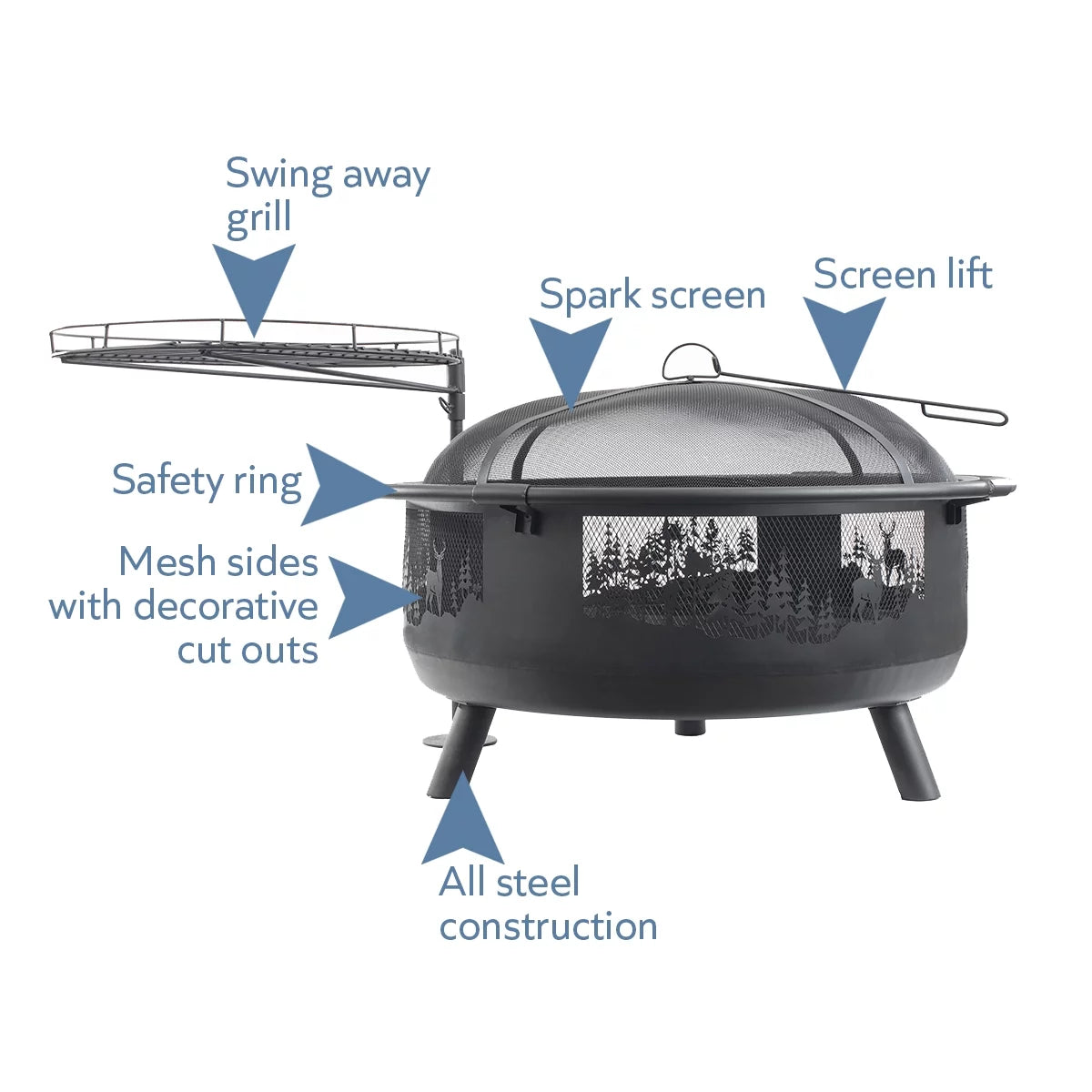 36" Round Fire Barrel with Grill, Screen, and Lift, Black W103