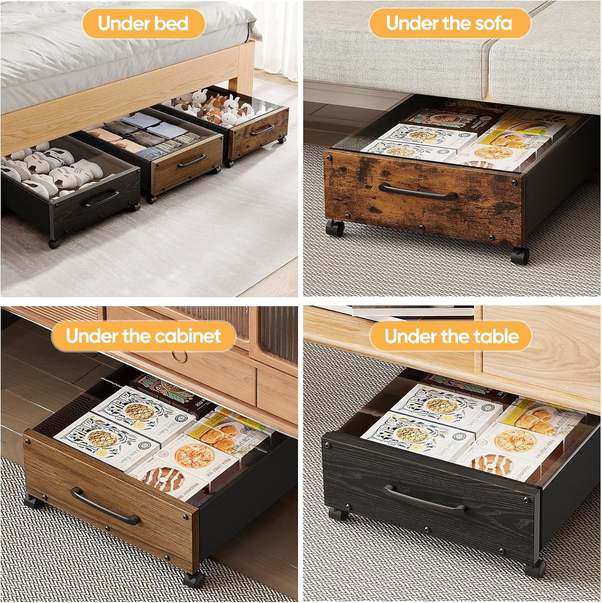 Black Wood 2 Pack Under Bed Storage with Wheels and Removable Lid X630