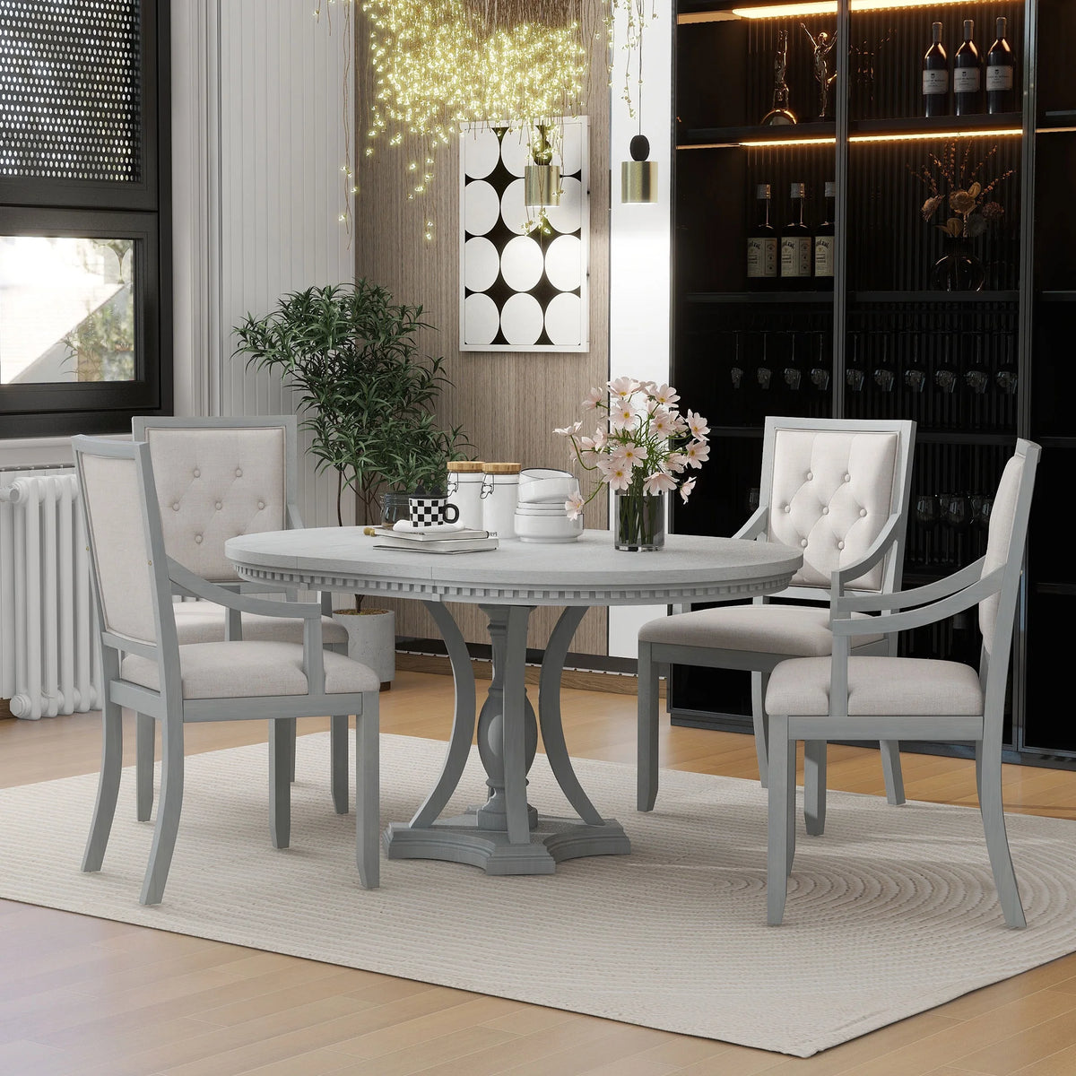 5 Piece Gray Wood Round Dining Table Set with 4 Upholstered Chairs X9284