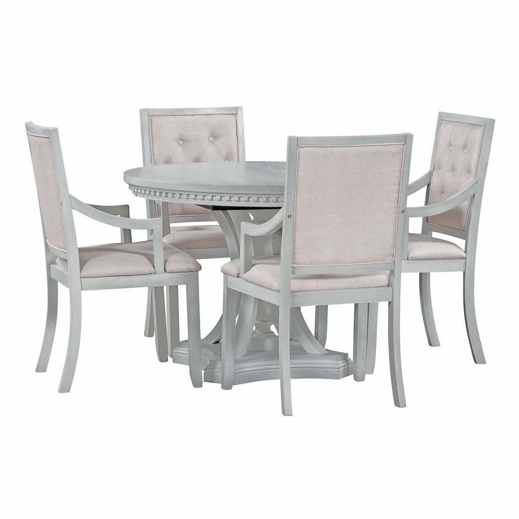 5 Piece Gray Wood Round Dining Table Set with 4 Upholstered Chairs X9284