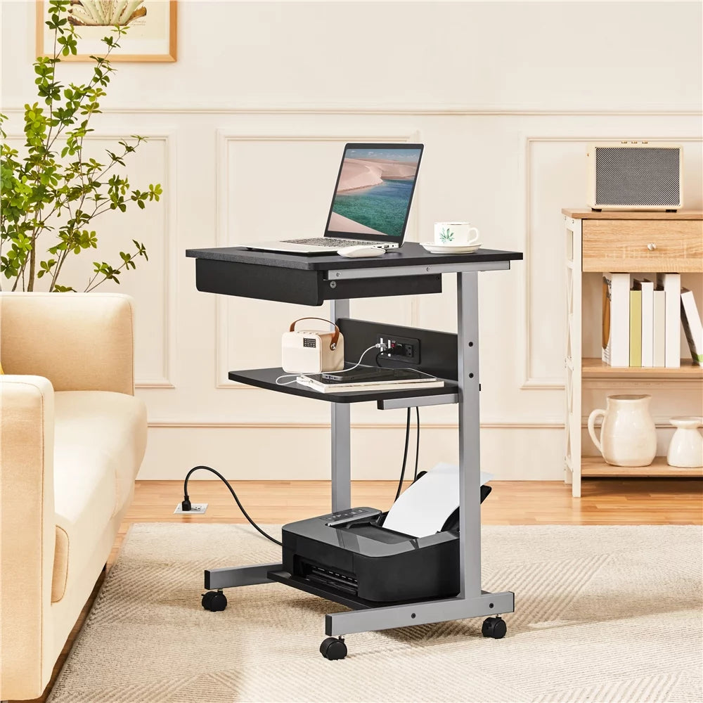22in Rolling Laptop Computer Desk with Power Outlet, Black Y1944