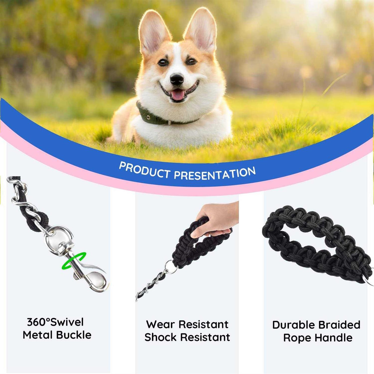 Chew Proof 5.5ft Heavy Duty Dog Leash Metal Chain Lead with Soft Rope Handle X65070