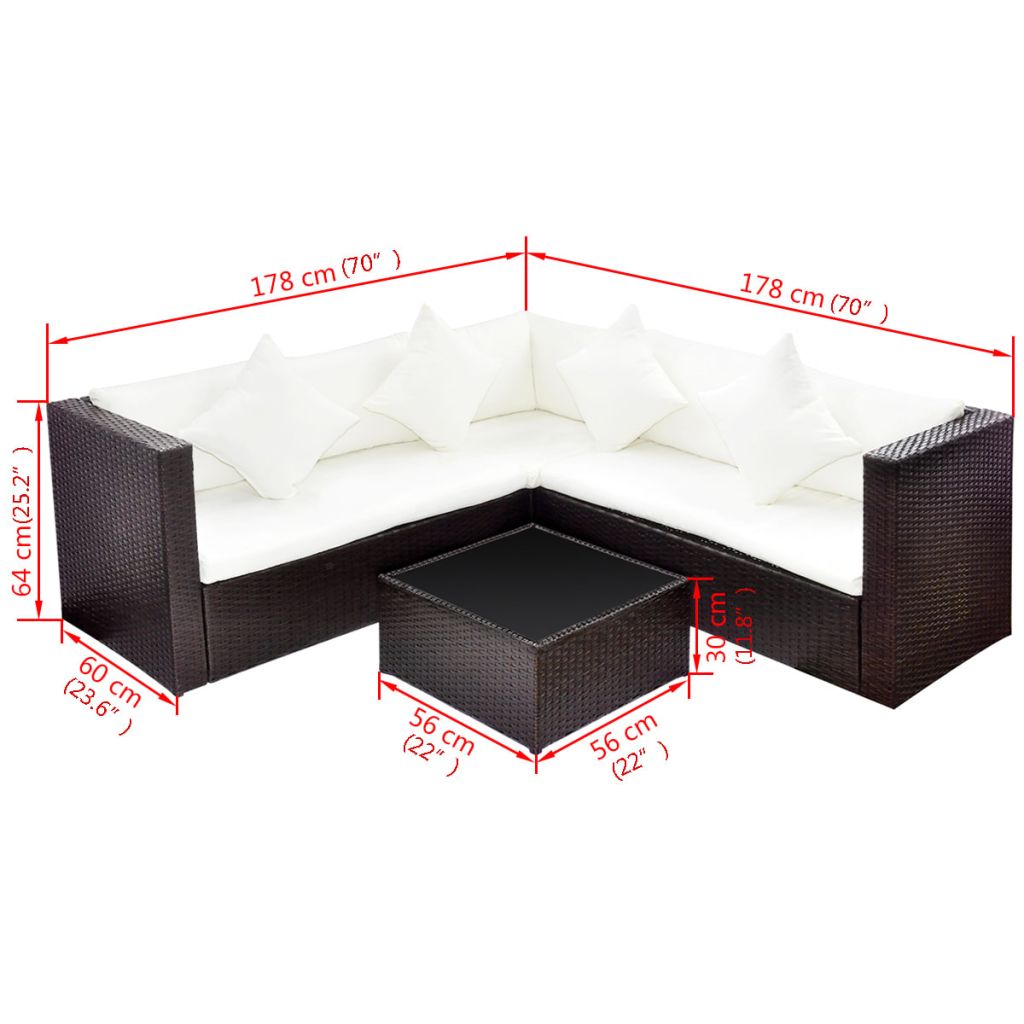 4 Piece Poly Rattan Outdoor Patio Lounge Set with Glass Top Coffee Table L4737