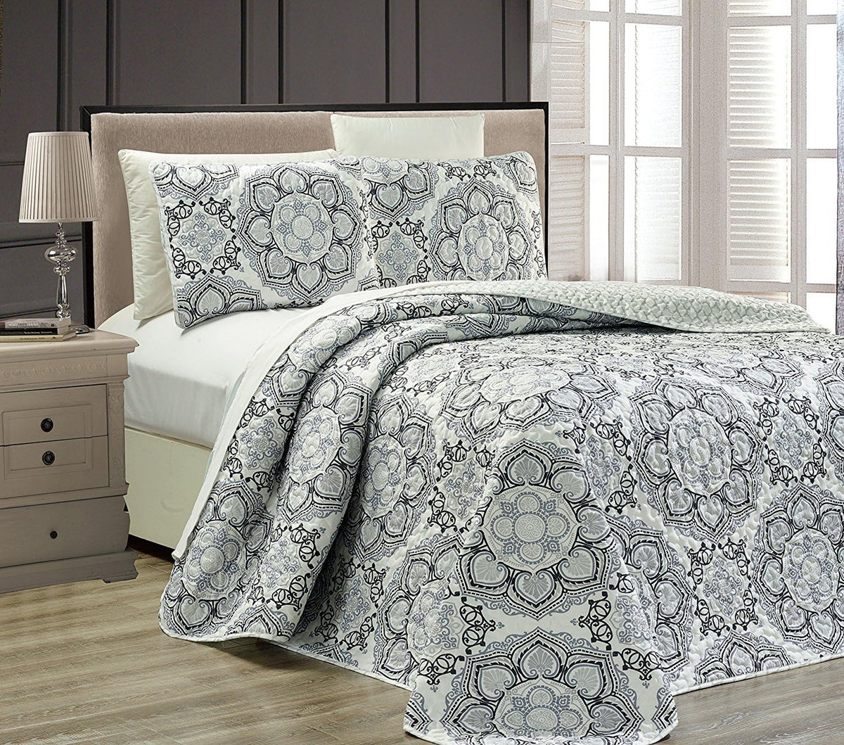 King/California King 3pc Reversible Oversized Bedspread Set Navy Blue White Teal Aqua Taupe B852