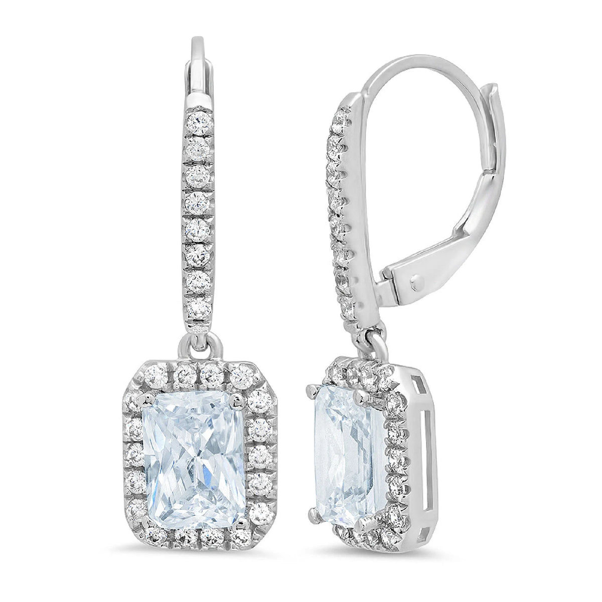 14K White Gold Emerald Cut Halo Drop Dangle Earrings Y936