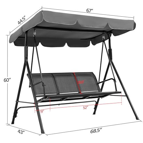 Gray 3-Seat Outdoor Patio Swing Chair with Adjustable Canopy E9842