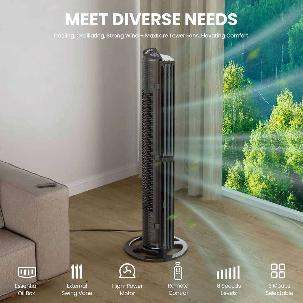 40in Tower Fan with Remote Control, 6 Speeds, 3 Wind Modes, Black R76867
