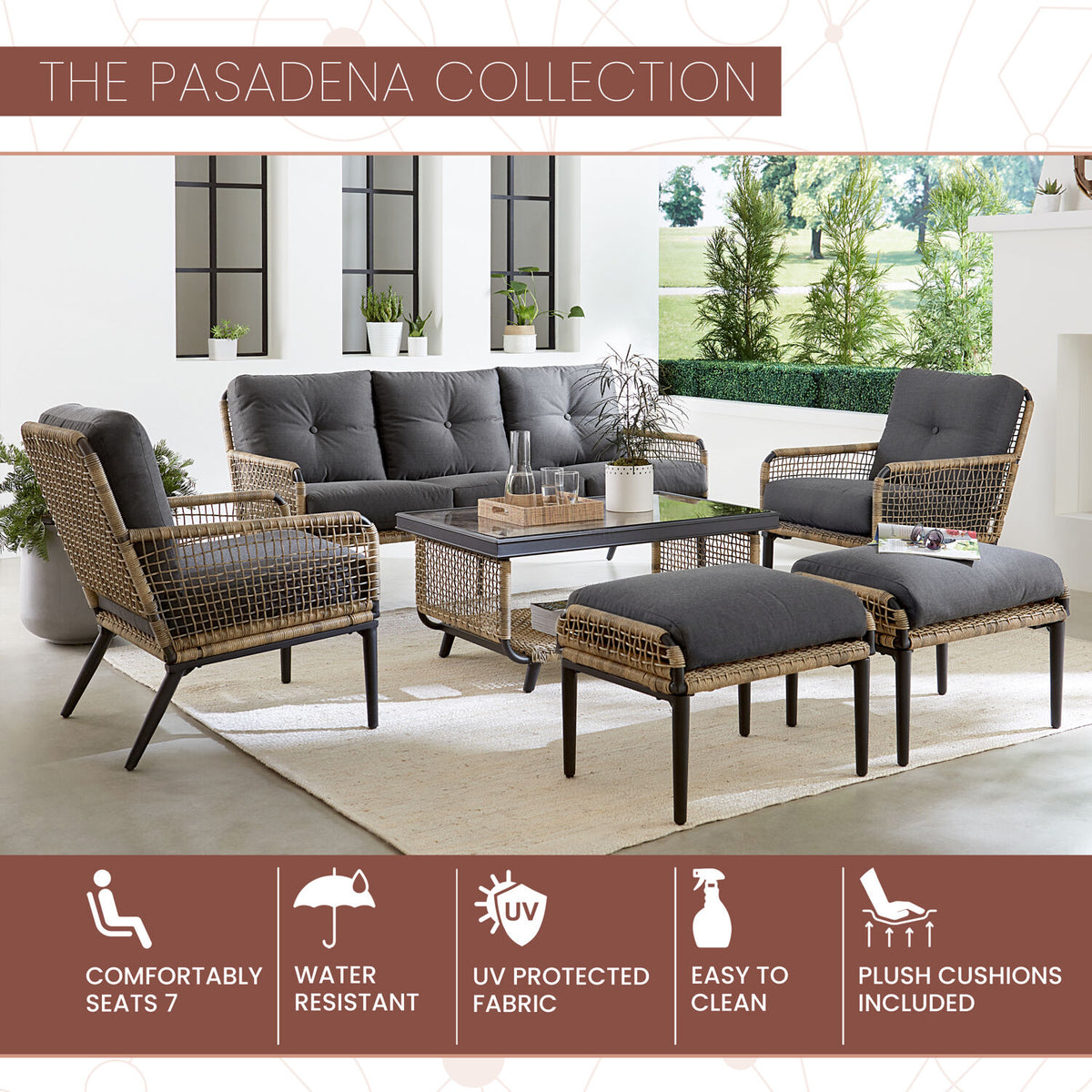 6-Piece Modern Outdoor Chat Set with Open Weave Wicker Sofa, 2 Side Chairs, 2 Ottomans, and Glass Top Coffee Table with Charcoal Plush Cushions R369855