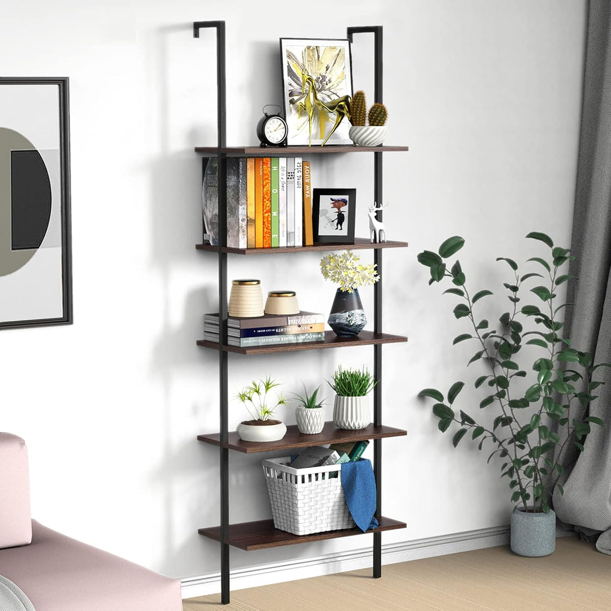 5-Tier Industrial Bookshelf with Metal Frame and Wood, Black Walnut J2971
