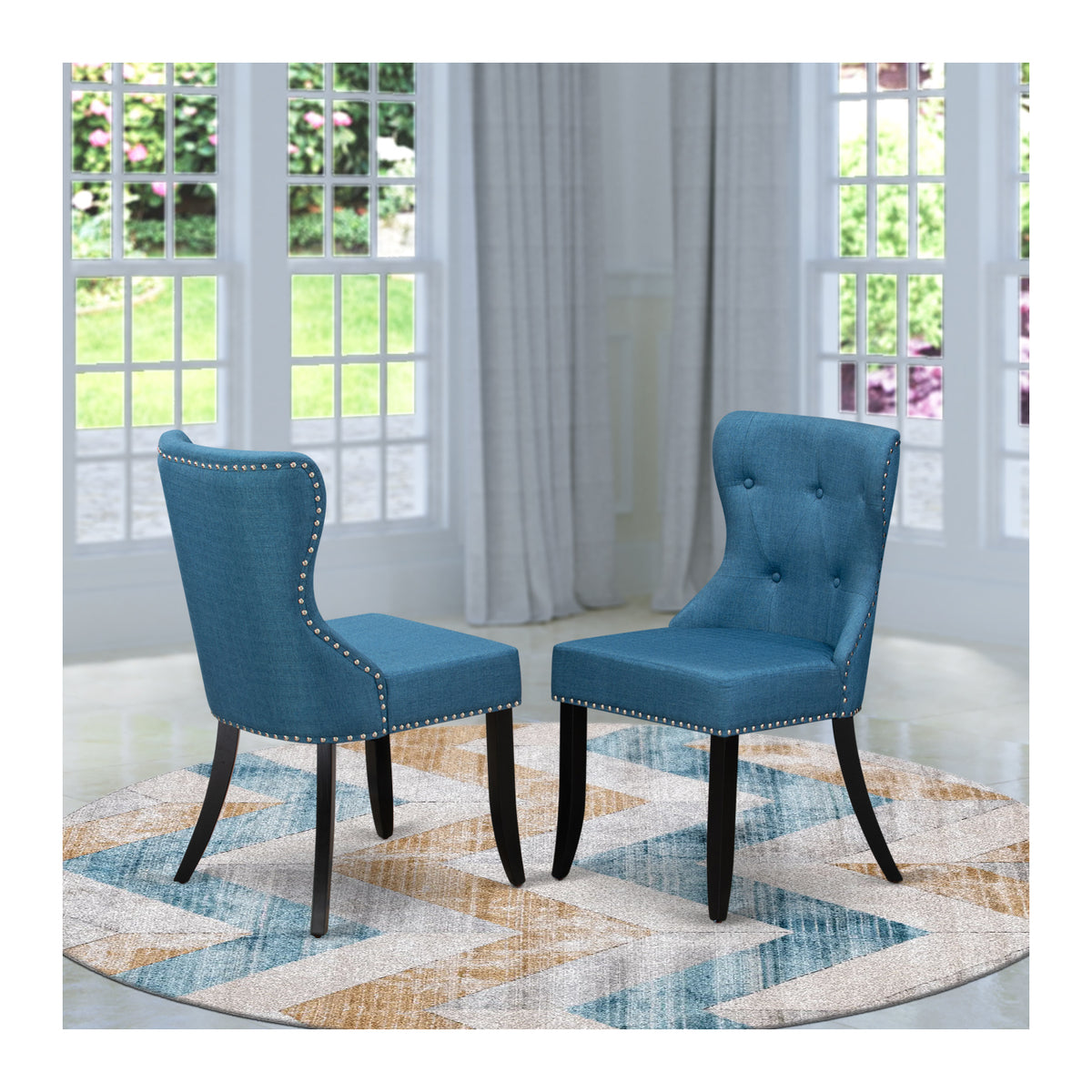 Mid Century Dining Chairs with Blue Linen Fabric Seat J996395