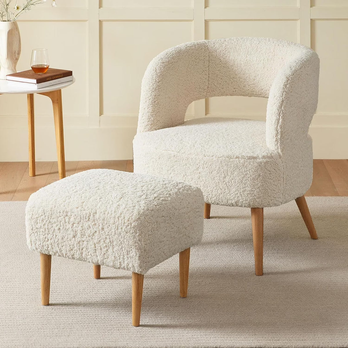 Beige Teddy Fleece Accent Chair with Ottoman and Wooden Legs T40990
