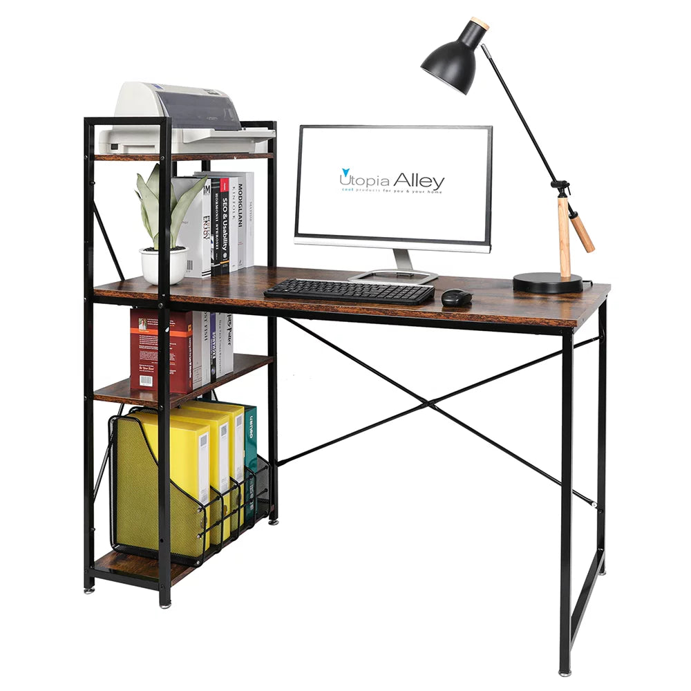 Black 47-inch Metal Computer Desk with 4-Tier Storage Shelves H170854