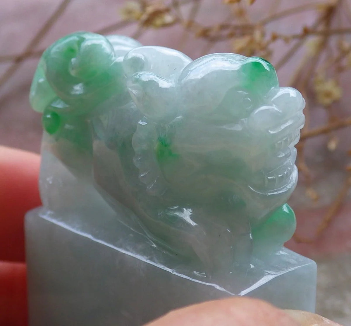 Green Natural Burma Jade Dragon Pi Xiu Chop Seal Display R316093