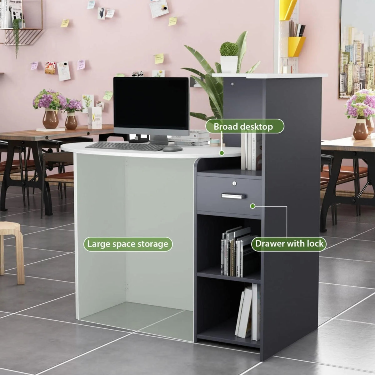 White and Dark Grey Reception Desk with Lockable Drawer B83332