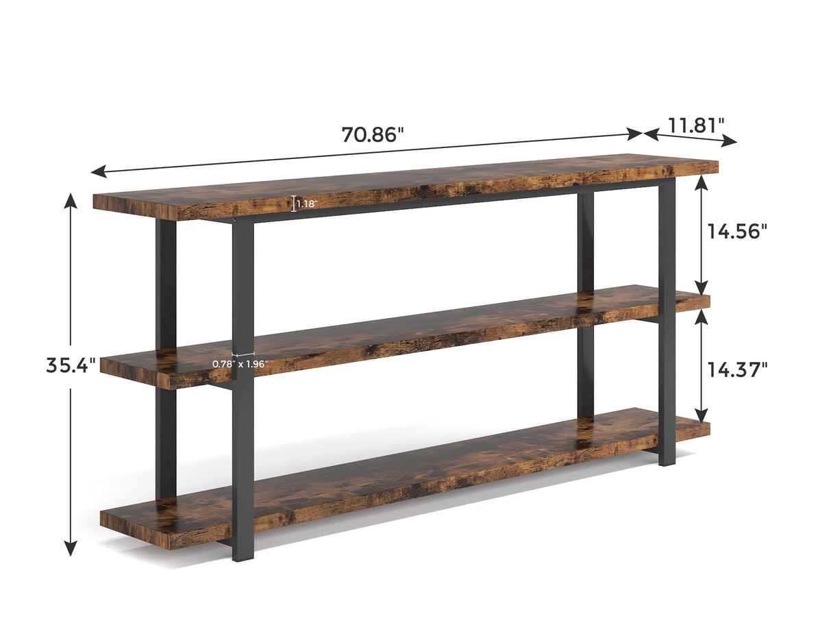 70.9 Inch Industrial Narrow Console Table with 3 Tier Storage Shelves F367