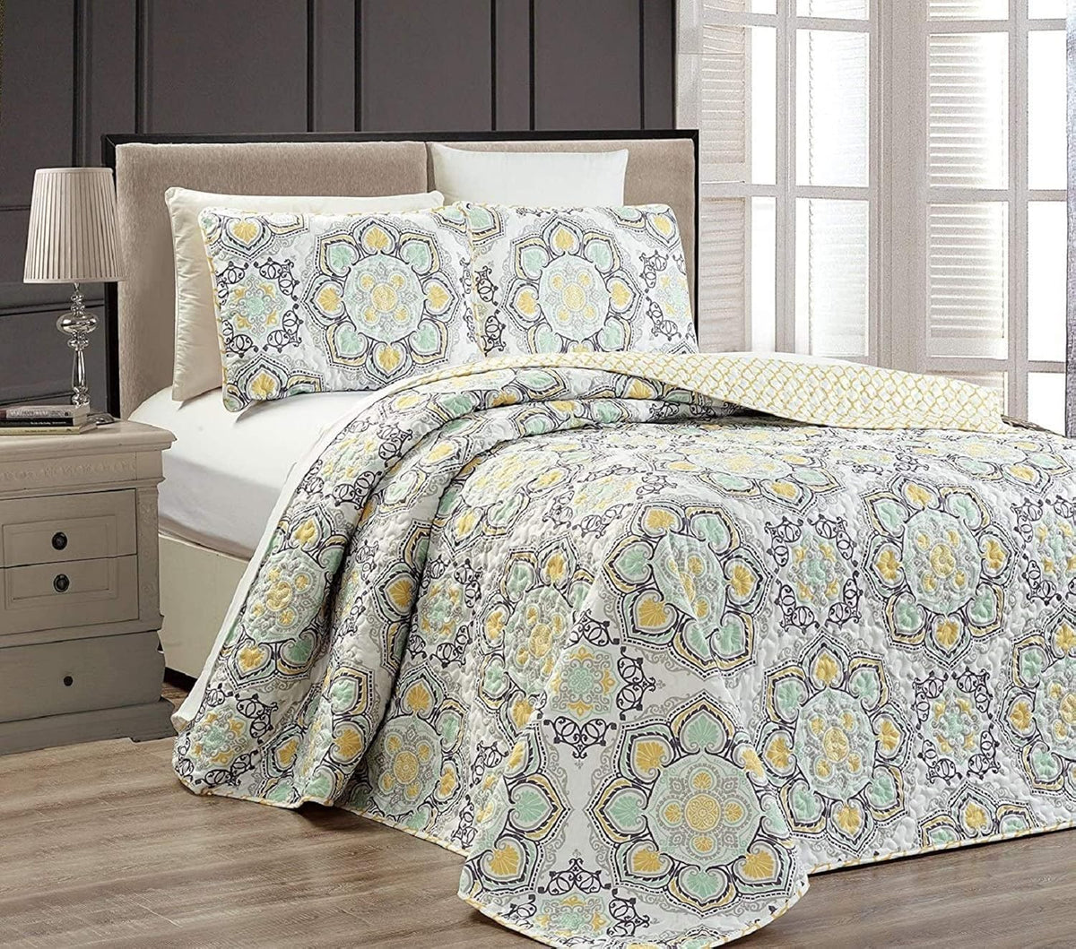 King/California King 3pc Reversible Oversized Bedspread Set Navy Blue White Teal Aqua Taupe B852