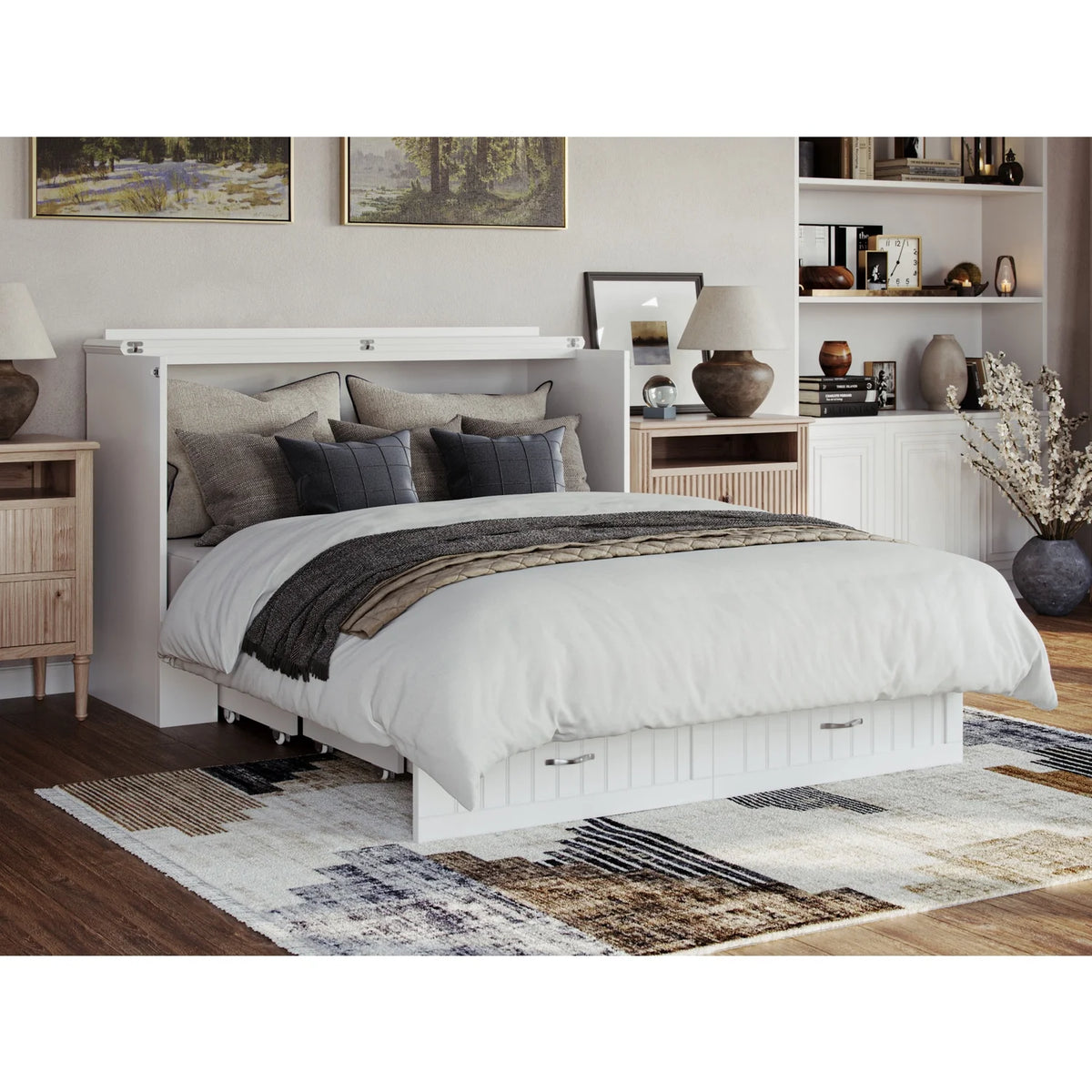 Queen Solid Wood Murphy Bed Chest with Mattress in White G426362