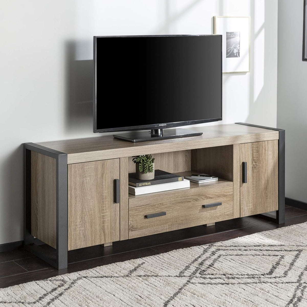 70 Inch Charcoal Wood TV Stand with Cabinet Doors S302
