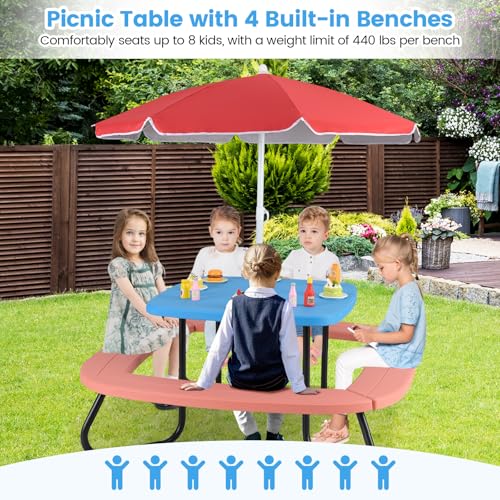 Kids Picnic Table with Umbrella and 4 Built-in Benches S5719