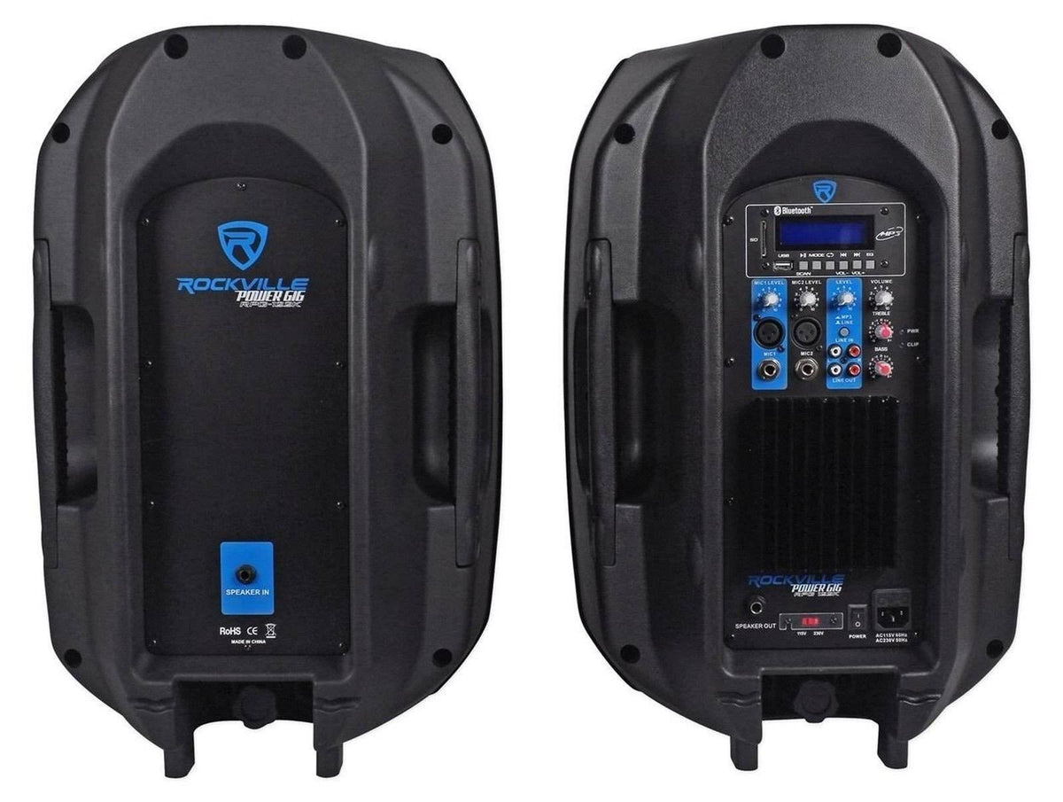 Dual 12x22 Powered Speakers with Bluetooth, Mic, Stands, and Cables J61366