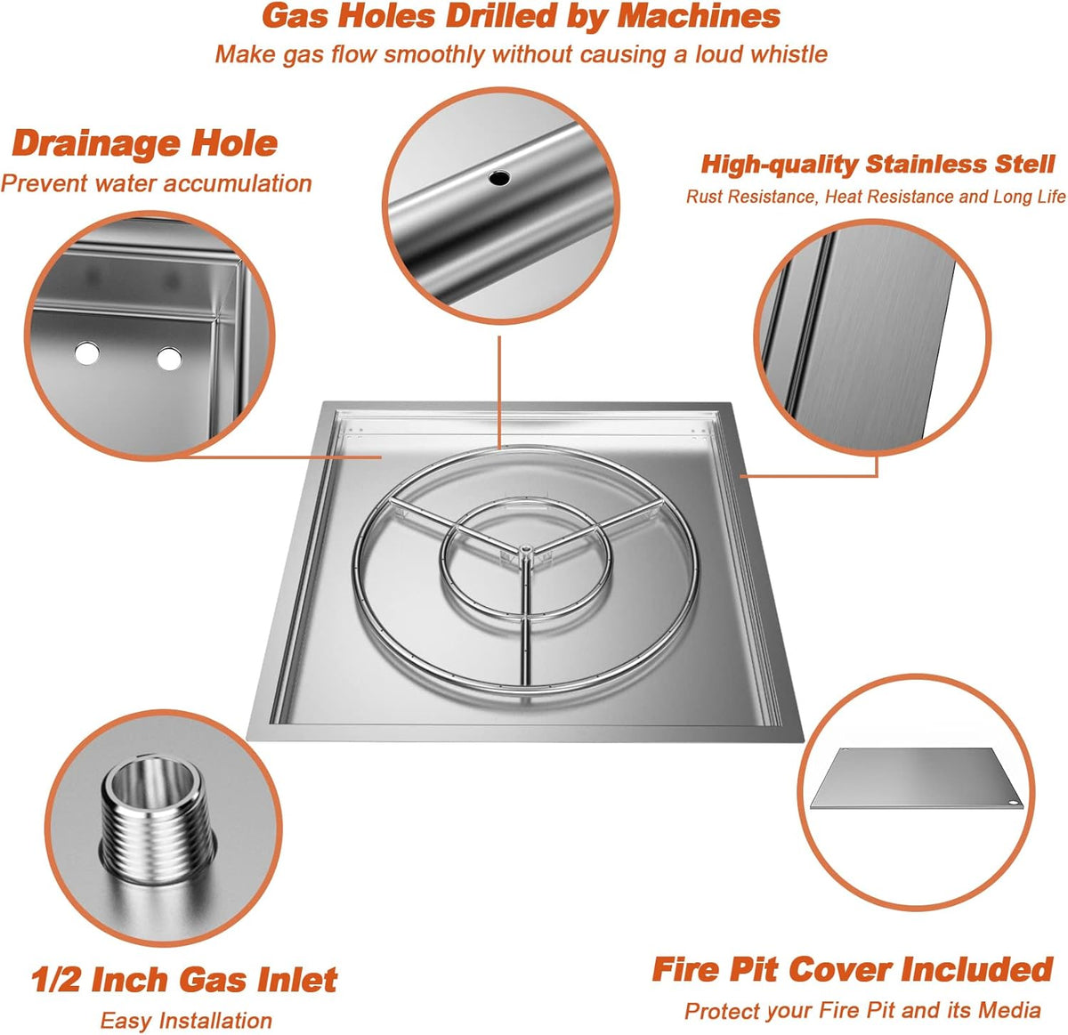 30" x 30" Square DIY Drop-in Firepit System Assembly Set with Stainless Steel Fire Pit Burner Pan, Burner Ring and Protective Cover R34525