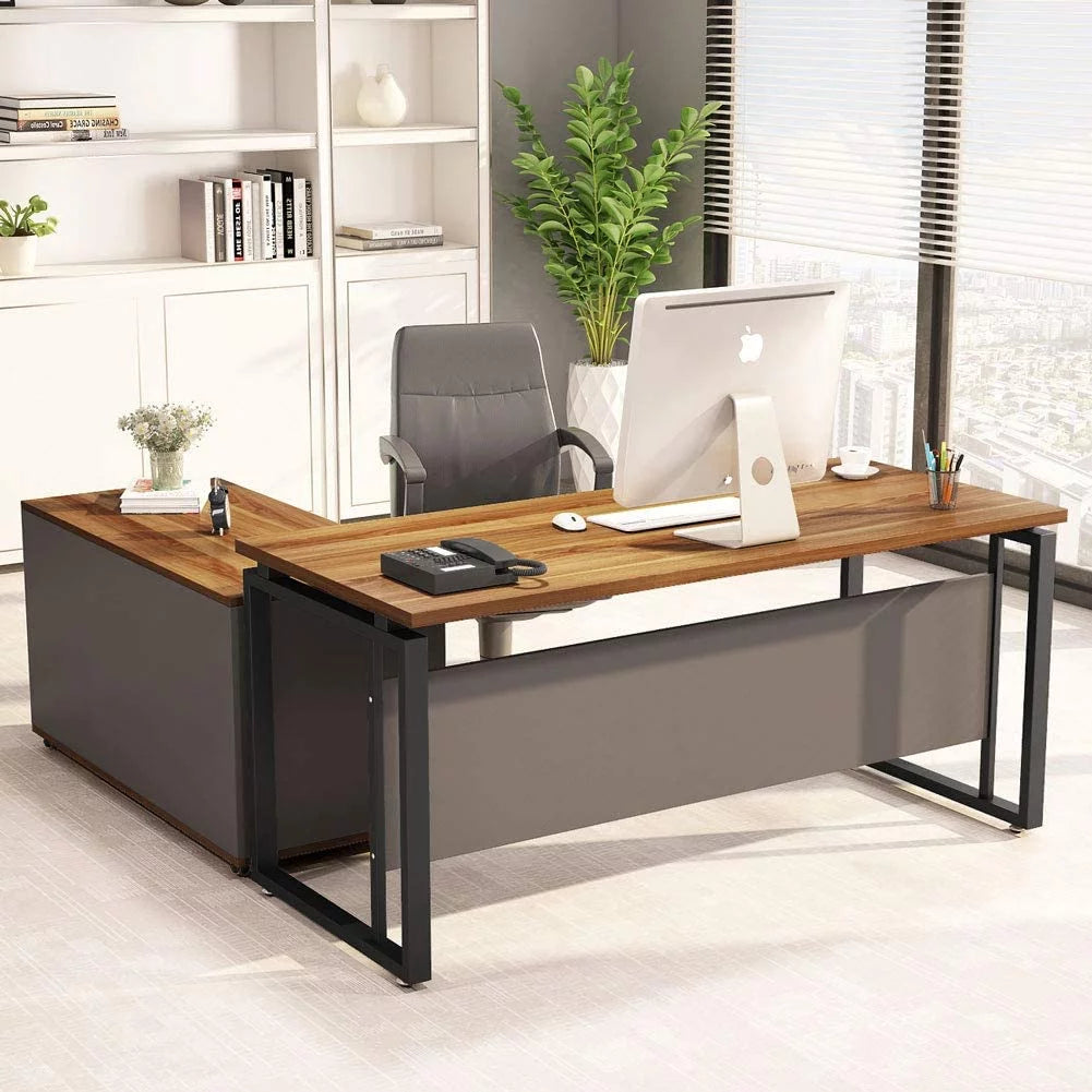 55 inch L-Shaped Computer Desk with File Cabinet W8017