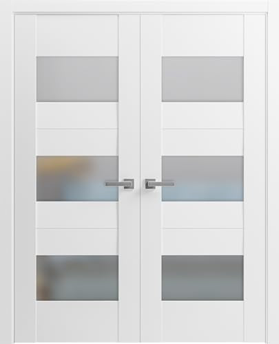 Solid French Double Doors 36 x 80 inches Opaque Glass White Silk Wood Solid Panel Frame H724