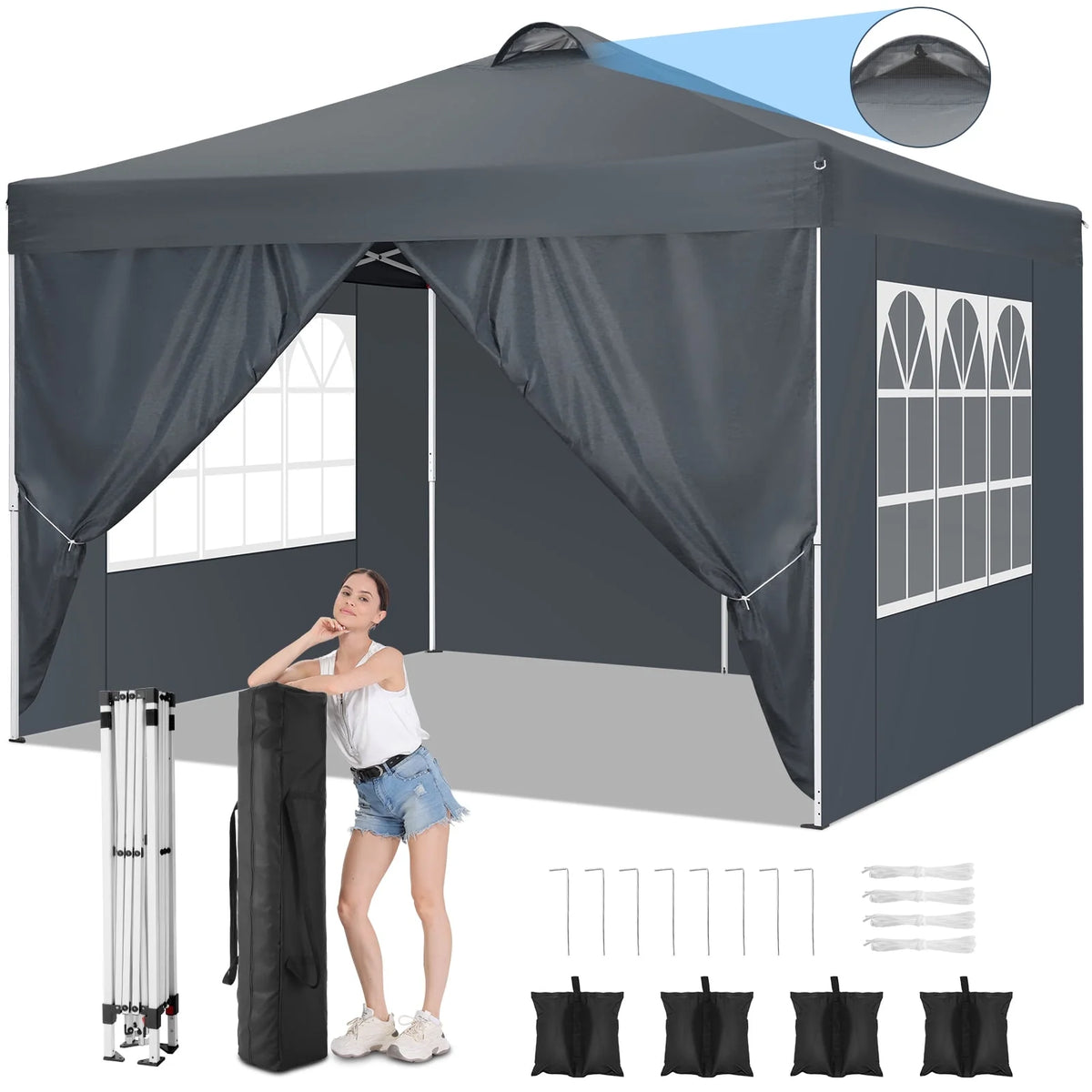 10'x10' Pop Up Canopy with Sidewalls and Sandbags I9107