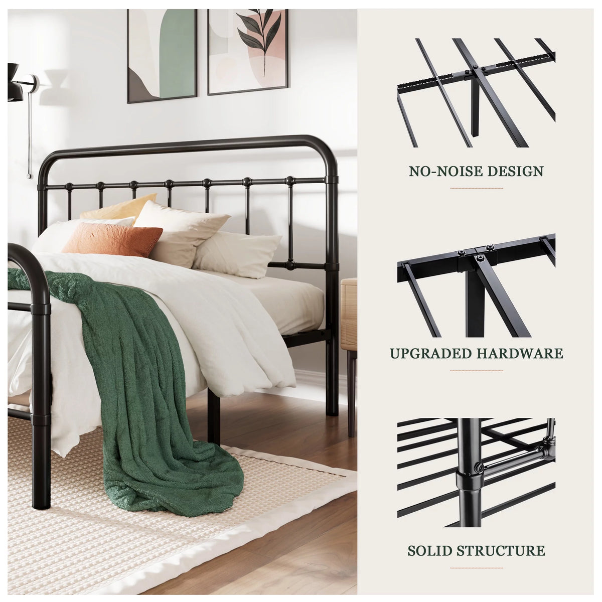 Queen Size Black Metal Platform Bed Frame with Headboard and Footboard X55650